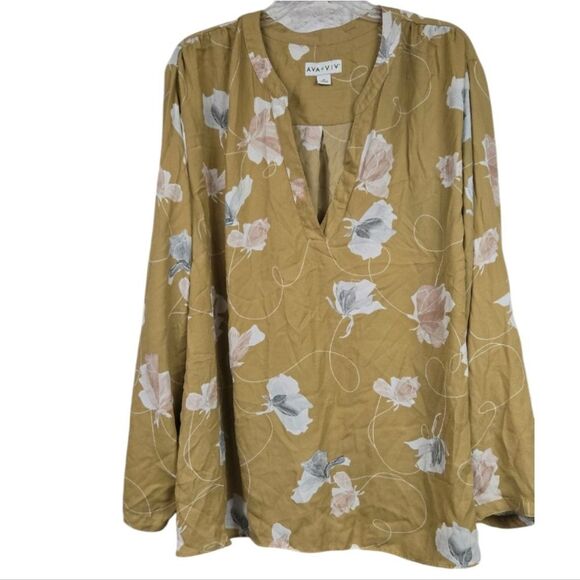 Ava & Viv Women's 4X Plus Floral V Neck Blouse Butter Yellow Boho Peasant Top - Picture 7 of 12